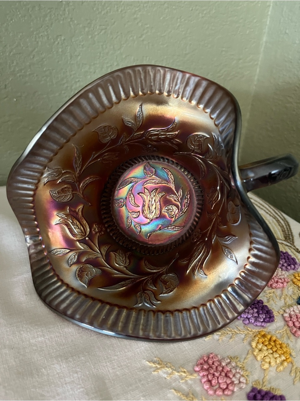 Vintage Dugan Tulip & Vine Carnival Glass Nappy Bowl Marigold Iridescent